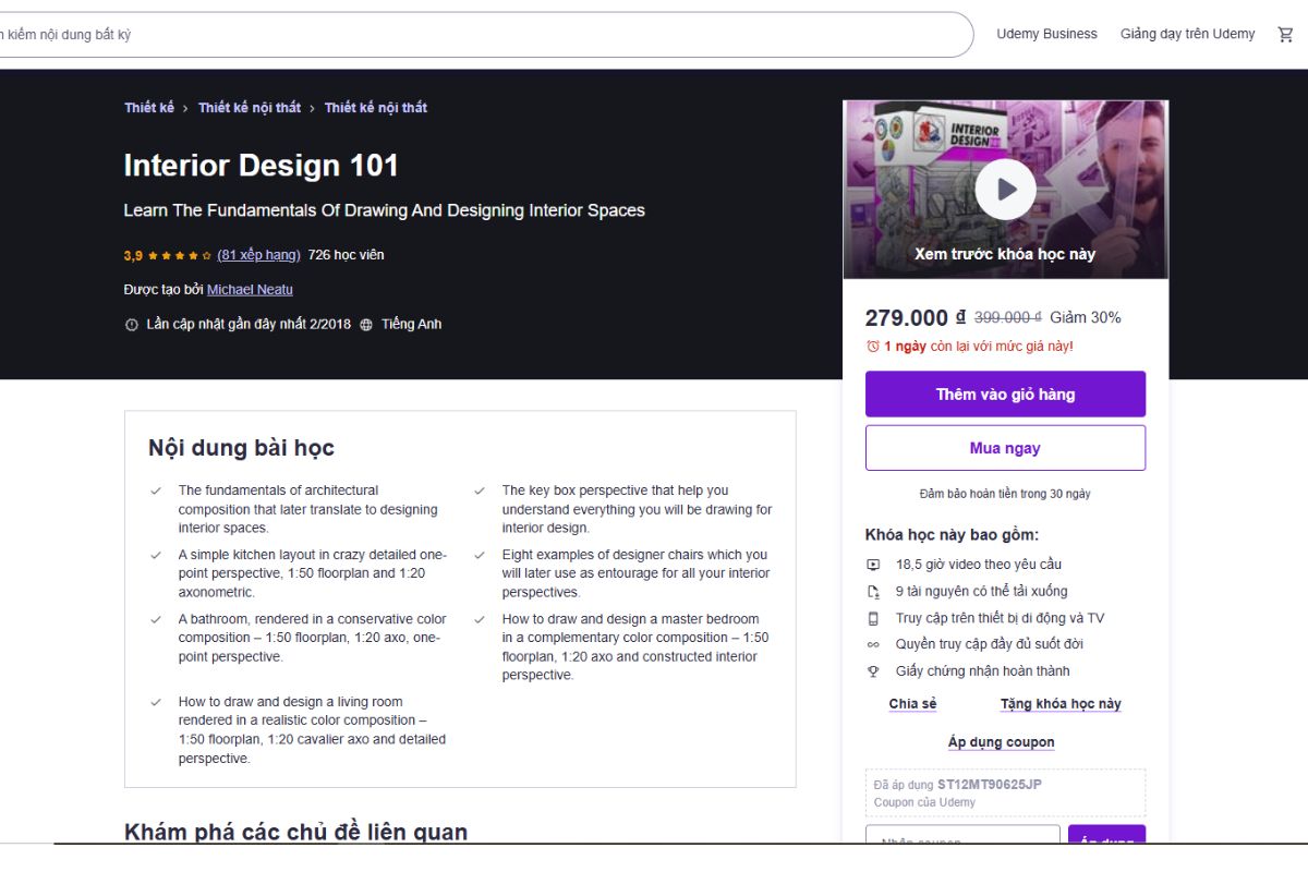 Khóa học thiết kế nội thất online tại Udemy