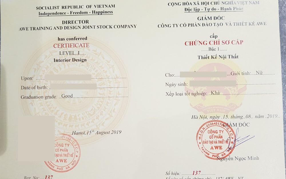 Chứng chỉ khóa học Thiết kế Nội thất tại AWE