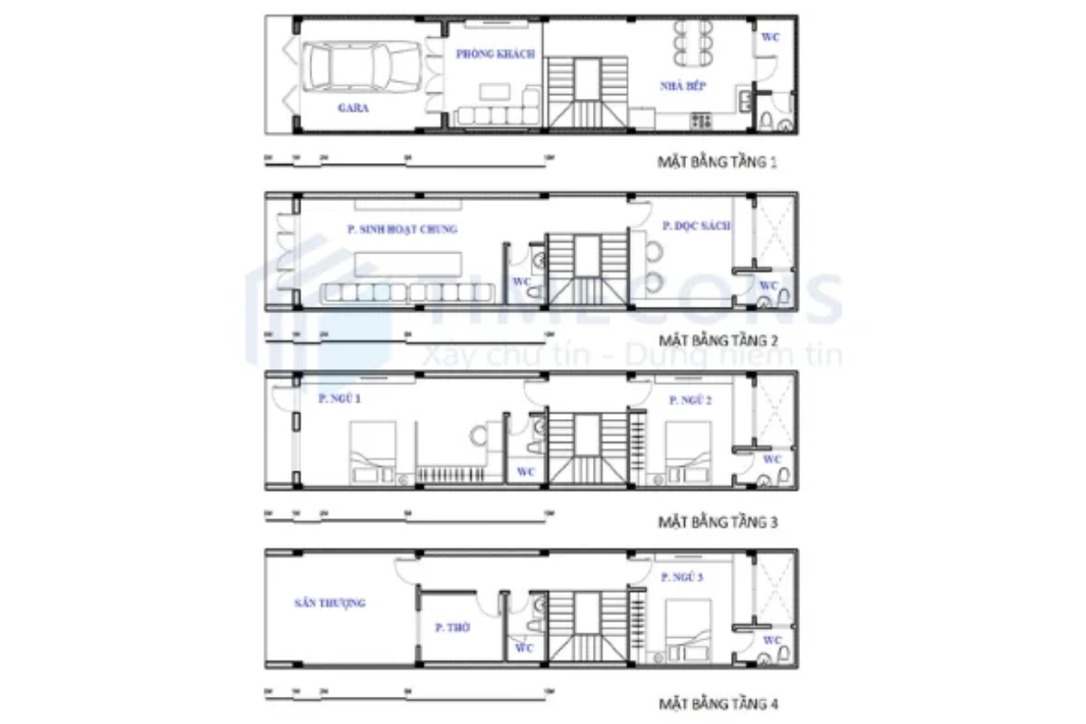 Bản vẽ thiết kế nhà ống 5x12m 4 tầng