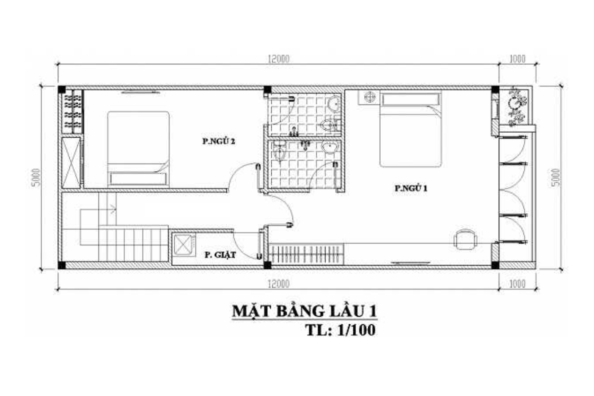 Bản vẽ thiết kế nhà phố 2 tầng 5x12m