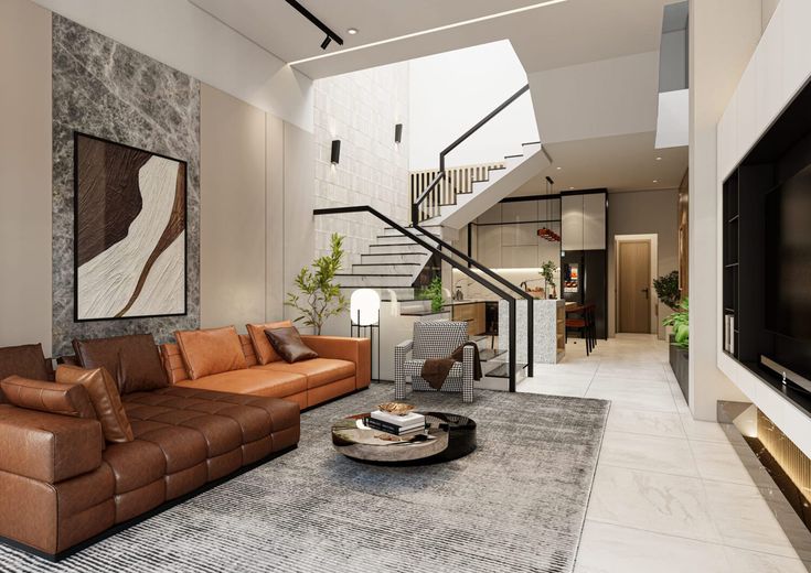 Mẫu cầu thang nhà lệch tầng đẹp, hiện đại nhất 2025