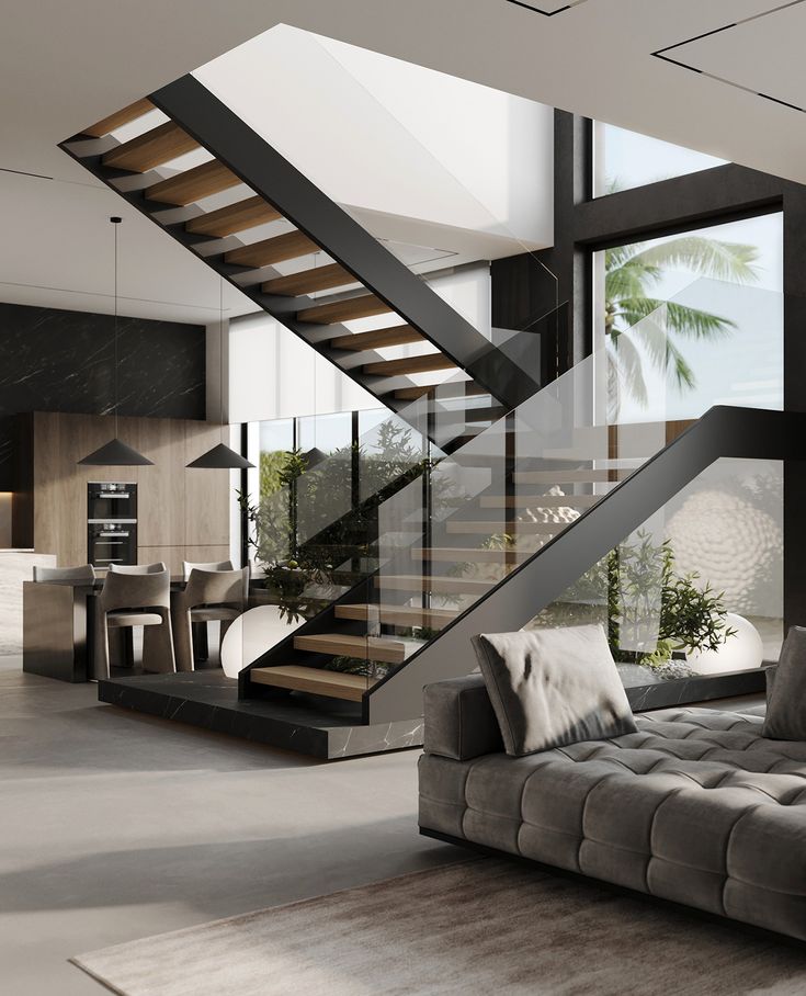 Mẫu cầu thang nhà lệch tầng đẹp, hiện đại nhất 2025