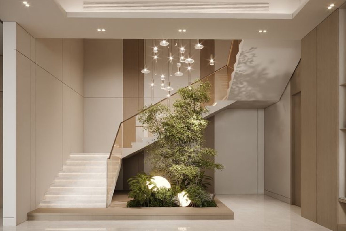 Mẫu cầu thang nhà lệch tầng đẹp, hiện đại nhất 2025